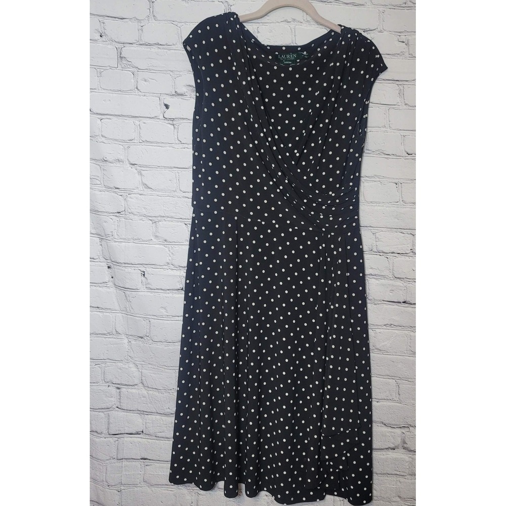 Lauren‎ Ralph Lauren Polka Dot Surplice Dress Black White Cap Sleeve 12 Luxury